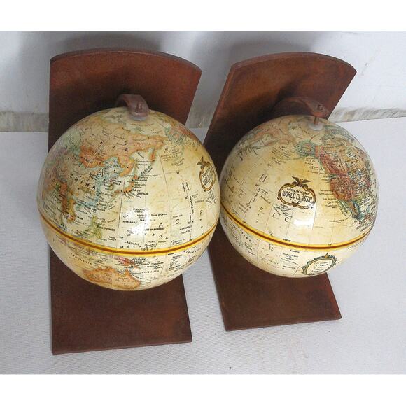 Vintage Replogle World Classic Series World Globe Bookends With Metal Base - Picture 1 of 6